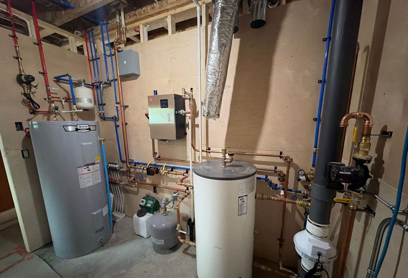 Finished mechanical room with indirect tank and boiler